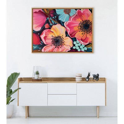 Colorful Floral Group Framed Canvas Wall Art in Natural Frame