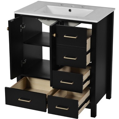 NicBex 30" Bathroom Storage Cabinet with Sink, Bathroom Vanity, 4 Spacious Drawers and 2 Cabinet Doors for Bathroom, Black