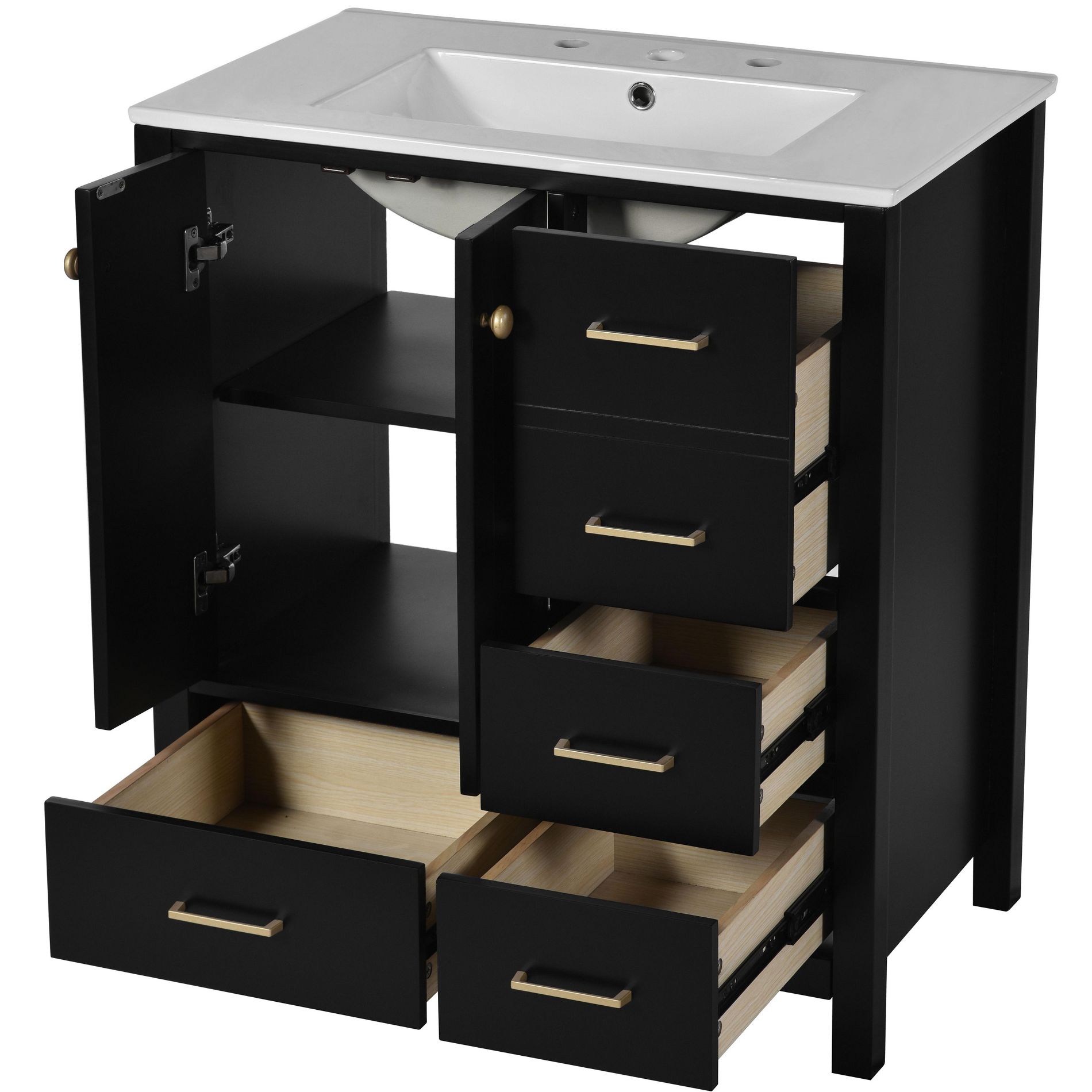 NicBex 30" Bathroom Storage Cabinet with Sink, Bathroom Vanity, 4 Spacious Drawers and 2 Cabinet Doors for Bathroom, Black