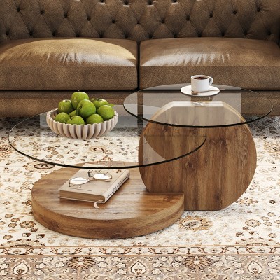 31.5" Modern Double Layer Round Coffee Table with Glass Top and Wooden Base,Sturdy Minimalist Design Accent Table for Living Room-Baofuwish