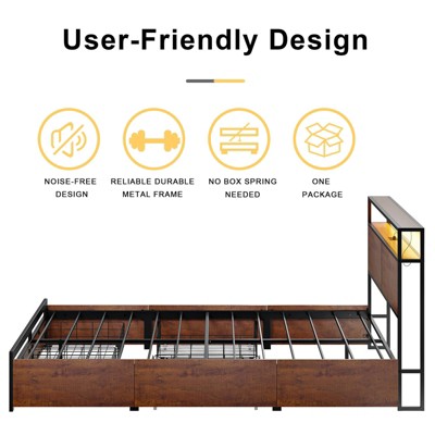 Full Size Industrial Wood and Metal Bed Frame with Storage Drawers
