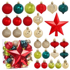 Aoibox 52 Pack Christmas Ornaments Set Red Green Gold Shatterproof Tree Baubles with Star Topper for Tree Home Office Party Decor - 1 of 4