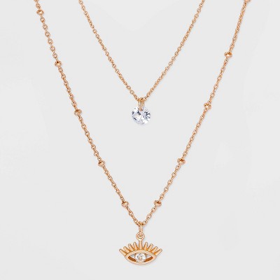 Two Row Evil Eye Cubic Zirconia Necklace - Gold