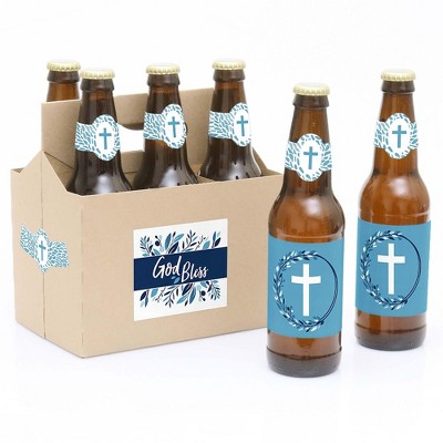 Big Dot of Happiness Blue Elegant Cross - Boy Religious Party Decorations for Women and Men - 6 Beer Bottle Label Stickers and 1 Carrier