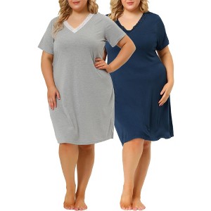 Agnes Orinda Women's Plus Size Solid Short Sleeves Lace Neck Comfort Nightgowns - 1 of 4