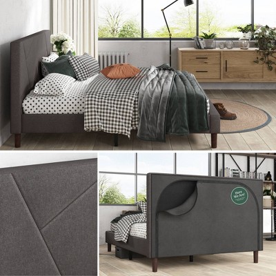 King Gray Upholstered Platform Bed with Geometric Headboard