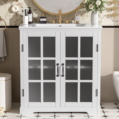 Modern White 30 Inch Bathroom Vanity with Ceramic Sink, Tempered Glass Panel Doors and Interior Shelf, Rubber Wood Storage Cabinet-Maison Boucle
