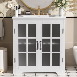 Modern White 30 Inch Bathroom Vanity with Ceramic Sink, Tempered Glass Panel Doors and Interior Shelf, Rubber Wood Storage Cabinet-Maison Boucle - 1 of 4