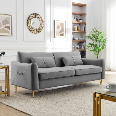 Grey Sofa with Gold Throw Pillows, 50% Off