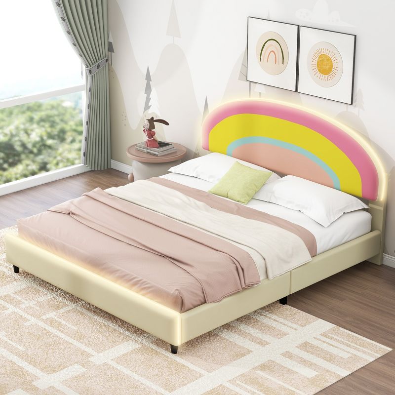 Full/Twin Size Upholstered Platform Bed with Rainbow Shaped and Height-adjustable Headboard, LED Light Strips, Beige -ModernLuxe, 2 of 13