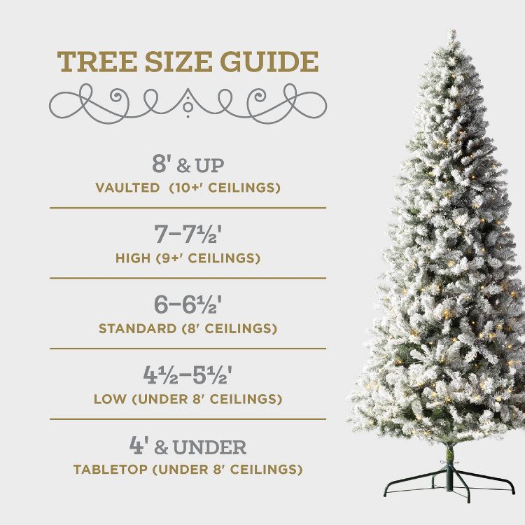 A frosted artificial Christmas tree is shown next to a "Tree Size Guide" listing sizes from 4 feet and under to 8 feet and up, with corresponding ceiling height recommendations.