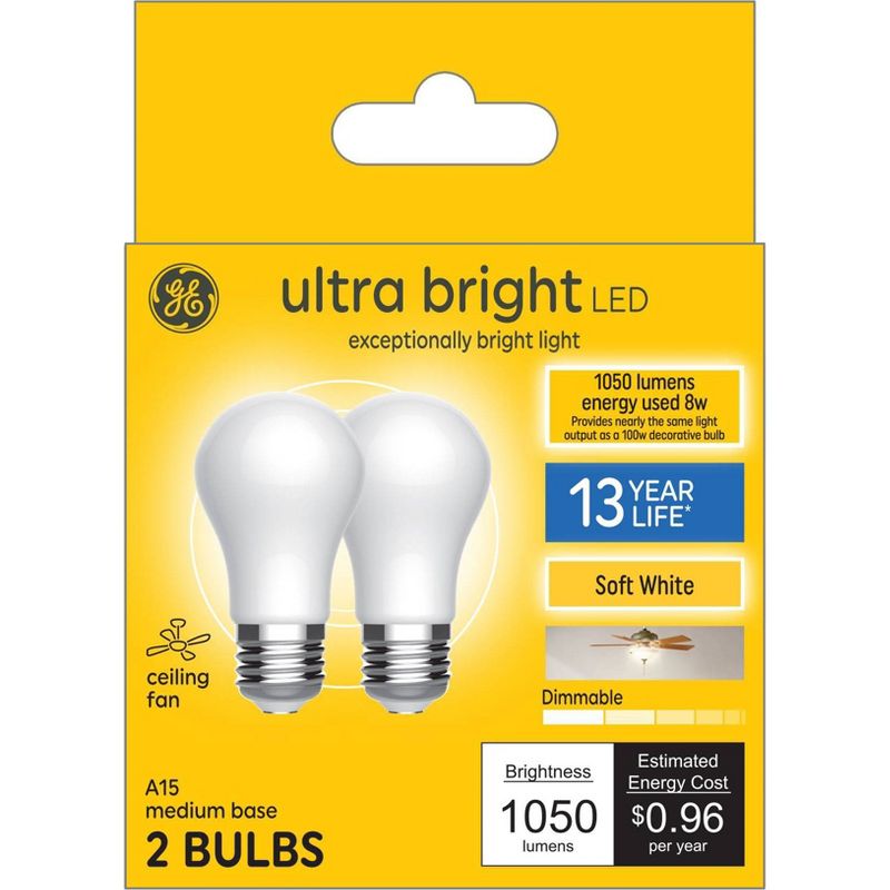 GE 2pk 8 Watts Soft White Medium Ultra Bright Ceiling Fan Light Bulbs, 5 of 8