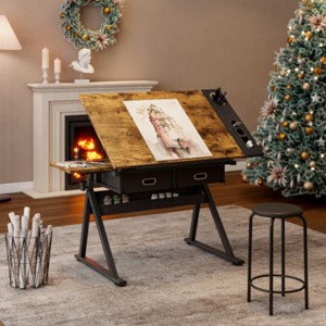 Racxily adjustable drawing drafting table desk with 2 drawers for home office and school with stool - 1 of 4