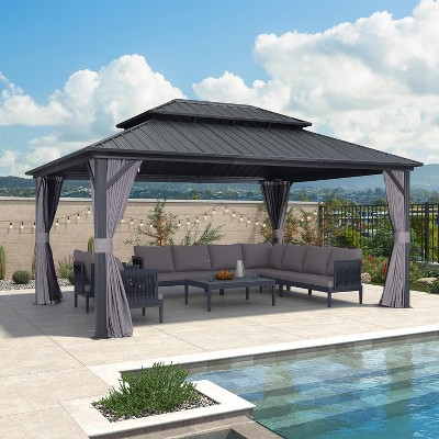 PURPLE LEAF Permanent Hardtop Gazebo Aluminum Frame Gazebo with Galvanized Steel Double Roof, UV-Resistant, Netting & Curtains included - Grey
