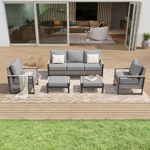 Sonkuki 5 Pieces Patio Sofa with Ottomans Set, All-Weather PE Rattan Wicker, Small Patio Conversation Couch with Cushion - 1 of 4