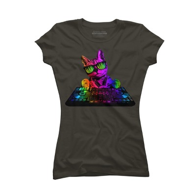 Junior's Design By Humans Cool Cat DJ By clingcling T-Shirt