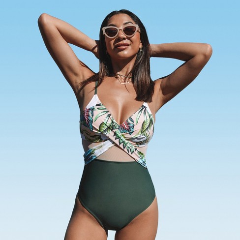 Women's V Neck One Piece Swimsuit Crisscross Green Leafy Bathing Suit -  Cupshe, Xs : Target