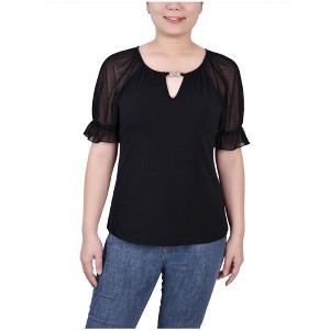 NY Collection Womens Short Ruffle Sleeve Rhinestone Keyhole Knit Blouse - 1 of 1