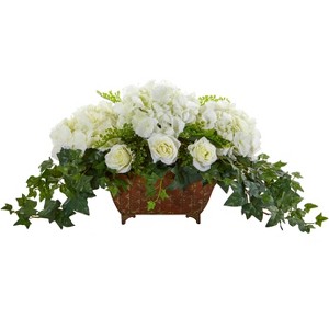 Nearly Natural Hydrangea & Roses Artificial Arrangement in Metal Planter - 1 of 1