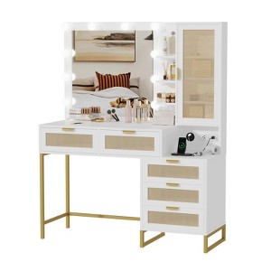 Modern Makeup Vanity Desk with Lighted Mirror, Power Outlets, Large Storage, Fluted Wood Dressing Table for Bedroom - 1 of 4