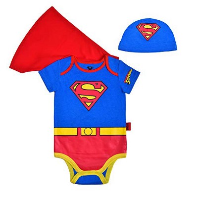 Warner Bros Baby Boy's Superman Graphic Printed Short Sleeve Bodysuit Creeper with Cape and Cap for infant