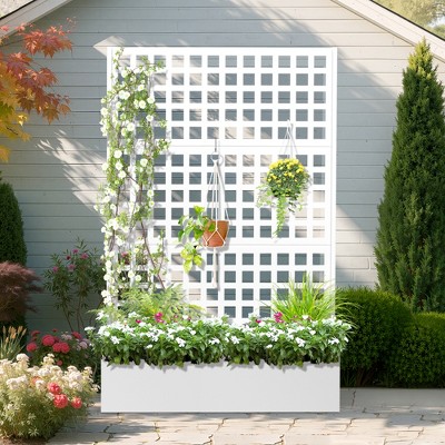 TOAOTBNBO Metal Raised Garden Bed with Square-Hole Trellis, Outdoor Planter Box for Climbing Plants, Galvanized Garden Box with Drainage Holes