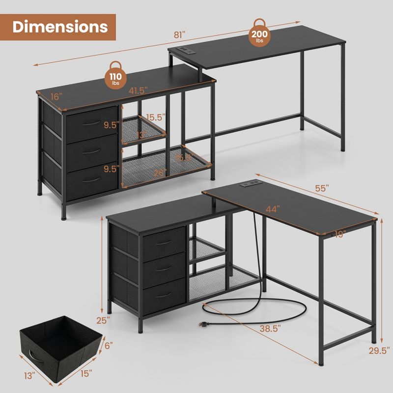 Costway L-shaped Computer Desk with Power Outlet, Drawers, Metal Mesh Shelves Rustic Brown/Black/White, 3 of 10