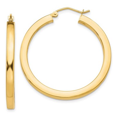 Black Bow Jewelry 3mm, 14k Yellow Gold Square Tube Round Hoop Earrings, 35mm (1 3/8 In)