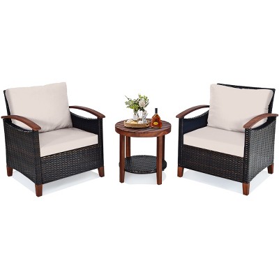 Tangkula 3-Piece Patio Rattan Bistro Set Acacia Wood Frame Sofa and Side Table