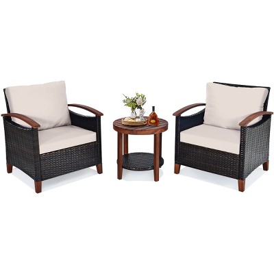 Tangkula 3-piece Patio Rattan Bistro Set Acacia Wood Frame Sofa And ...