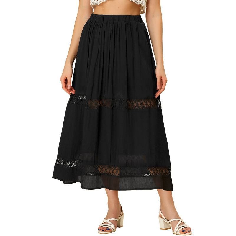 Allegra K Women's Lace Insert Vintage Swing A-Line Maxi Skirt with Elastic Waist, 1 of 7