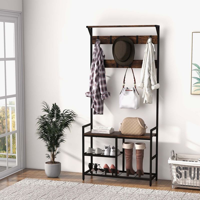 Costway 71'' Coat Rack Hall Tree with Shoe Bench Industrial Entryway Storage Shelf with Hooks, 2 of 11
