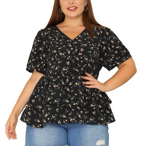 Agnes Orinda Women's Plus Size Floral Layered Peplum Hem Casual Blouses - 1 of 4