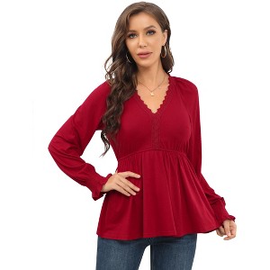 Coolmee Women's Christmas Long Sleeve V Neck Lace Skirt Slim Fit Shirt Casual Ruffled Hem Top - 1 of 4