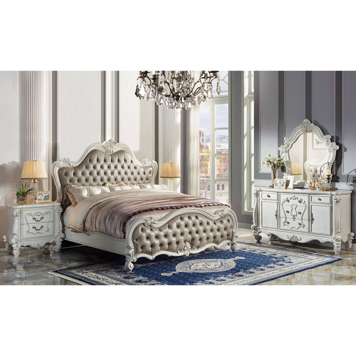 99" Queen Bed Versailles Vintage Gray PU Leather, Button Tufted - Acme Furniture - thumbnail 4