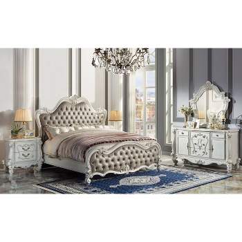99" Queen Bed Versailles Bed Vintage Gray Synthetic Leather and Bone White Finish - Acme Furniture
