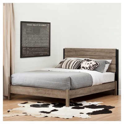 Weathered Oak Queen Platform Bed with Upholstered Headboard