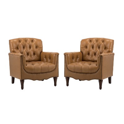 Set of 2 Enrique Genuine  Leather Armchair with Turned Legs | ARTFUL LIVING DESIGN