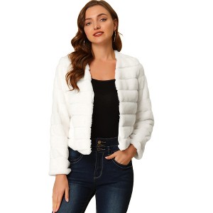 Allegra K Women's Winter Warm Cropped Collarless Faux Fur Fluffy Jacket - 1 of 4