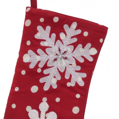 20" Red Christmas Stocking with Snowflake Embroidery and Bead Detail
