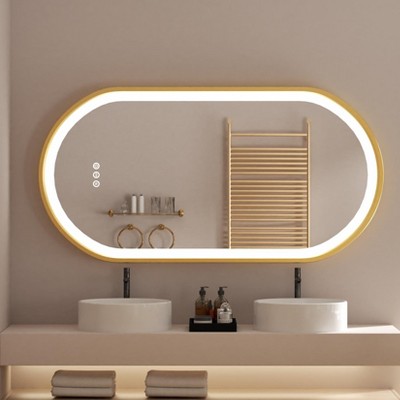ARTLOGE LED Bathroom Mirror with Demister & Touch Sensor Modern Wall Mirror Golden Frame