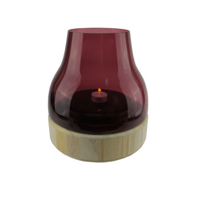 Northlight 9.75" Merlot Colored Glass Pillar Candle Holder with Wooden Base