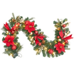 COZONY 6ft Christmas Garland with 20 LED Lights, Battery Operated Pre-Lit Garland with Flowers Berries Balls for Mantle Fireplace Stairs - 1 of 4