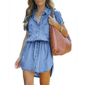 Imily Bela Flattering Tie Waist Denim Shirt Dress Summer Short Sleeve Casual Jean Dress for Women - 1 of 4