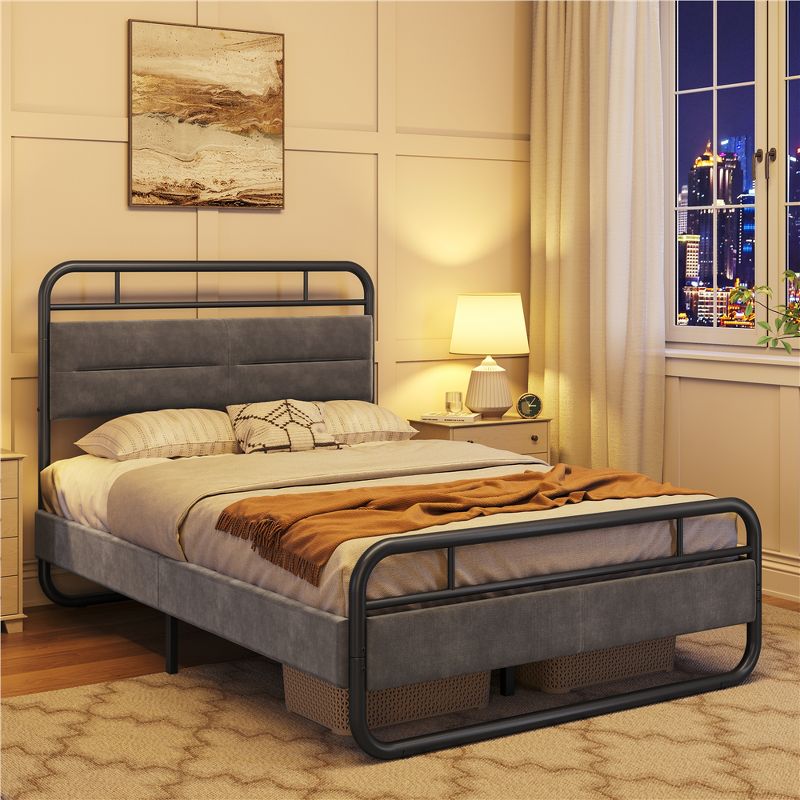 Yaheetech Metal Platform Bed Frame with Velvet Upholstered Headboard, 3 of 8