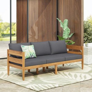 Christopher Knight Home Frode Outdoor 76" Rustic Upholstered 3-Seater Sofa with Slat Paneling - 1 of 4