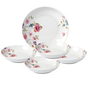 Lorren Home Trends 5 Piece Porcelain Pasta Set, 1 Serving Bowl and 4 Individual Bowls,  Floral Design - 1 of 4