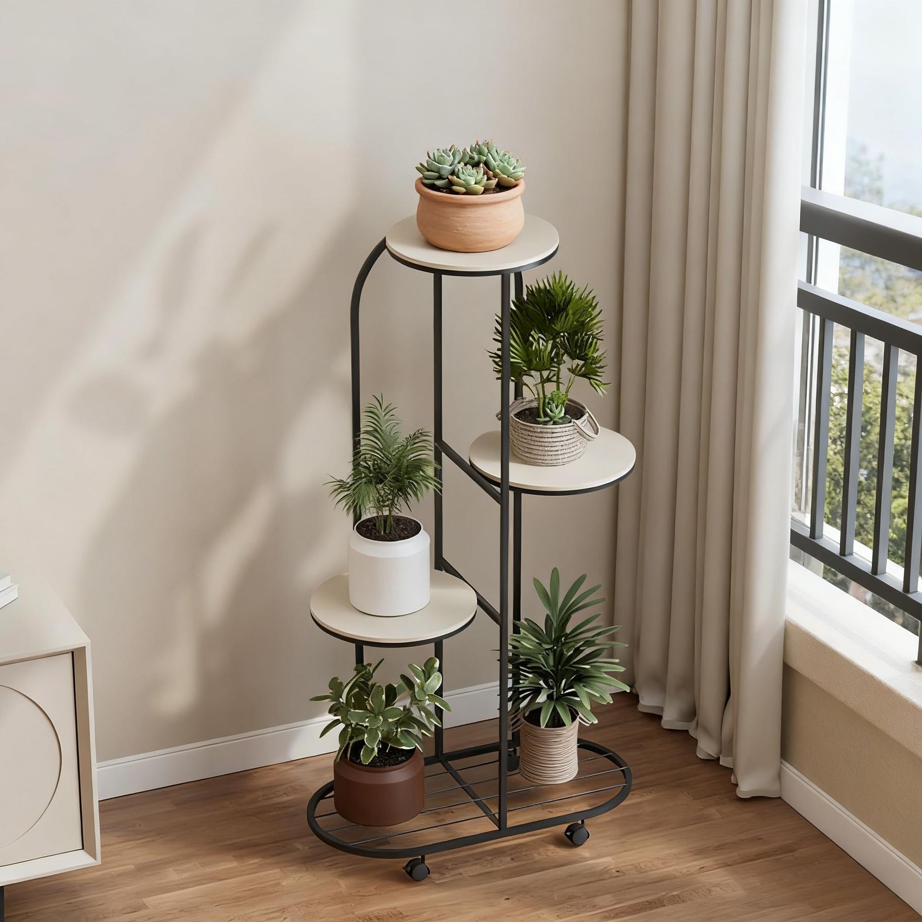 Metal Plant Stand with Wheels, Tiered Corner Shelf for Indoor Plants, Patio, Bedroom, Living Room, Balcony