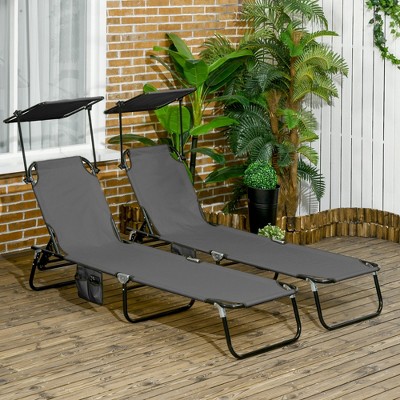 Gray Metal Outdoor Folding Chaise Lounge Set with Sunshade