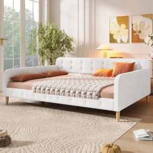 Queen Size Upholstered Daybed with 4 Support Legs, Button-Tufted Linen Fabric Bed Frame, Rubine/Beige - ModernLuxe - 1 of 4